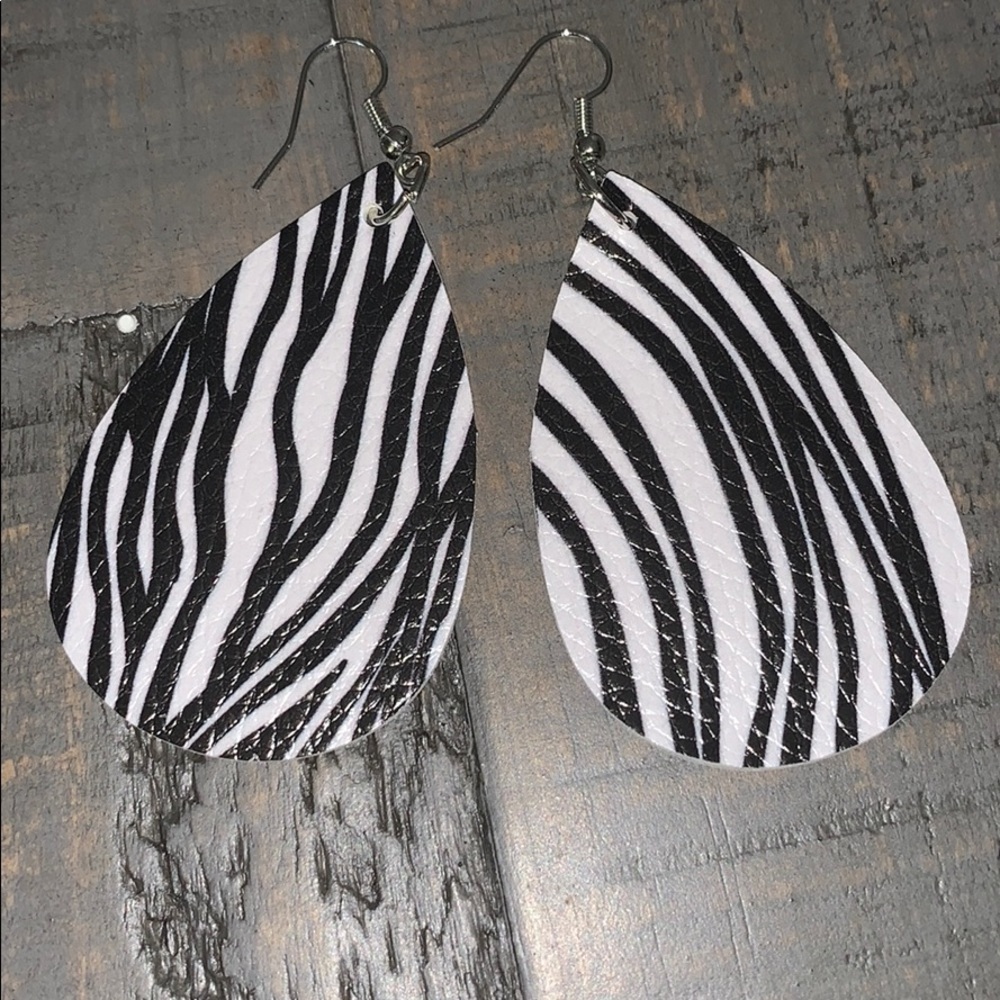 Zebra Print Teardrop Earrings Faux Leather Animal Pattern Dangle Hooks 3 Inch